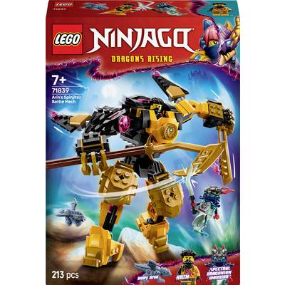 Lego Ninjago-Set 'Drachen steigen' mit 'Arins Spinjitzu Battle Mech', empfohlen ab 7 Jahren, enthält 213 Teile. Verpackung zeigt Mech im Kampf.