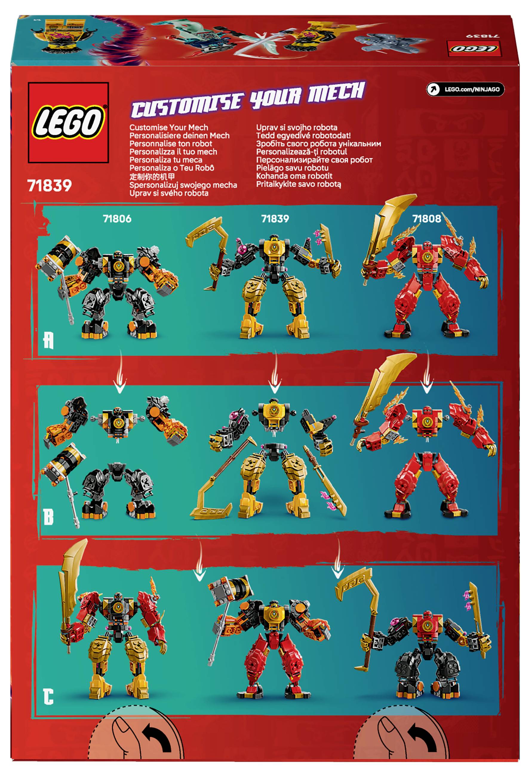 LEGO-Set 71839: Baukästen mit drei anpassbaren Mech-Robotern in gelb, rot und schwarz. Jeweils mit Waffen und austauschbaren Teilen.