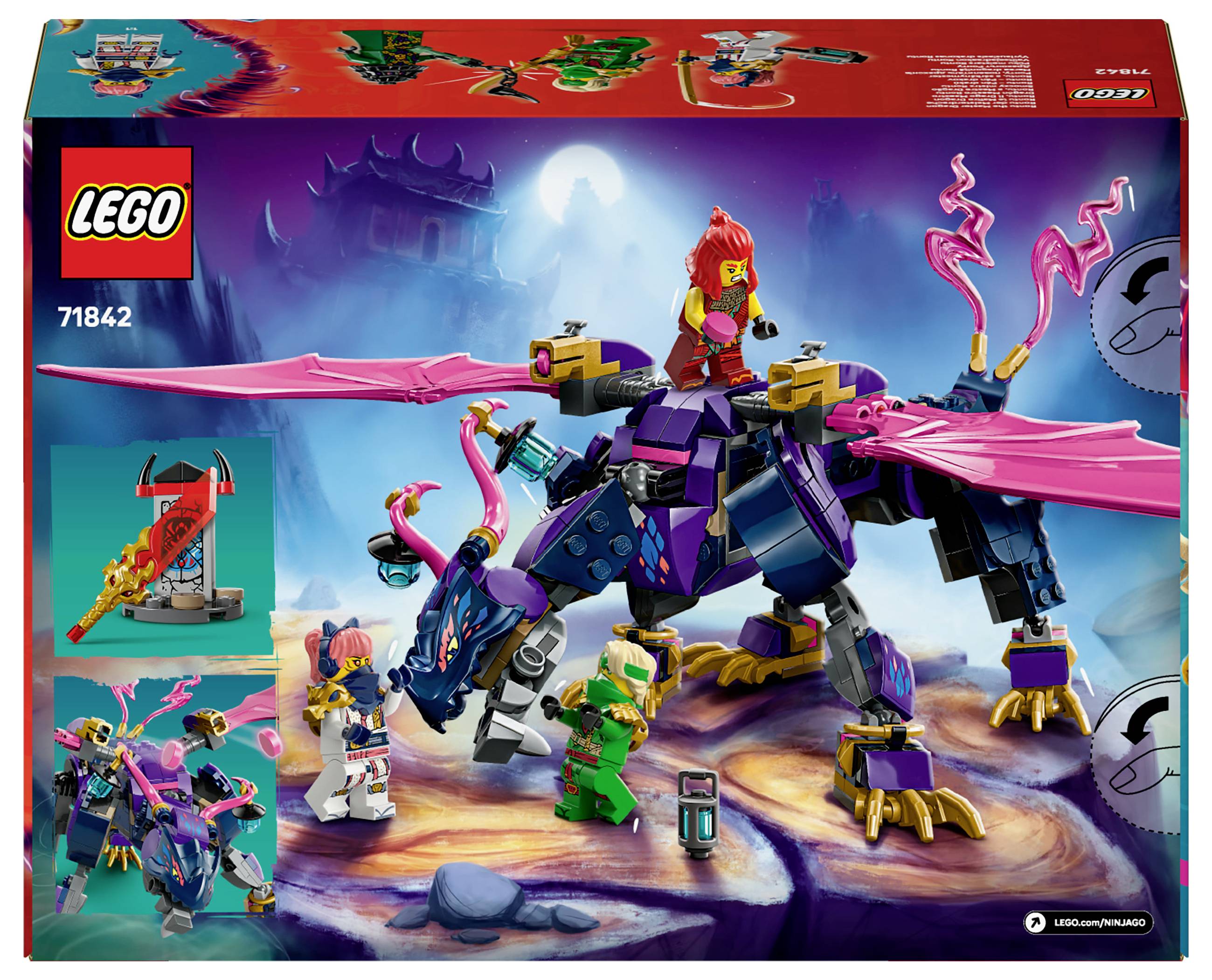Eine LEGO Schachtel (Set 71842) zeigt eine Abenteuer-Szene mit Figuren auf einem Drachen. Hauptfarben sind Lila und Pink.