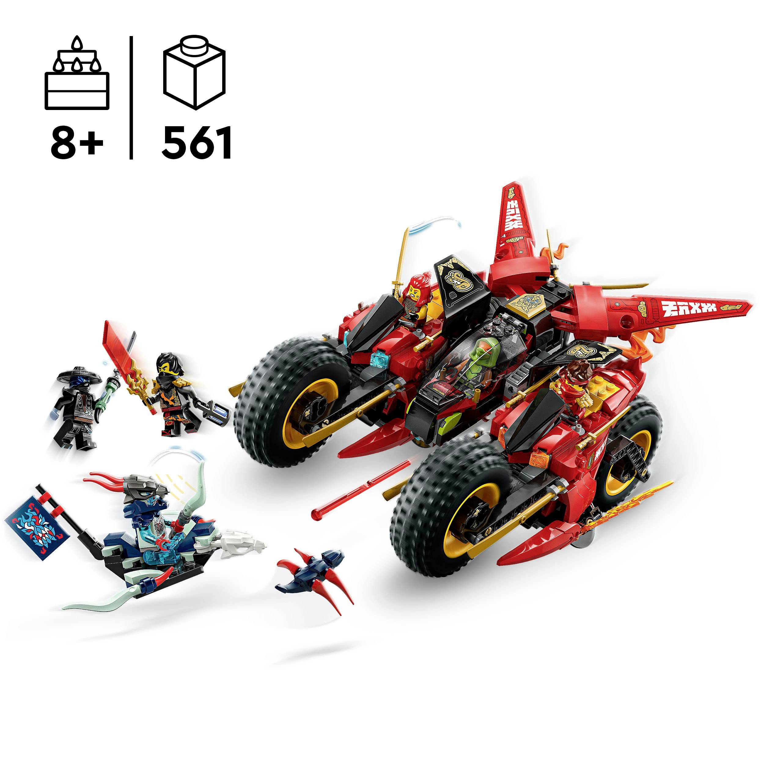 LEGO-Fahrzeugset mit zwei Figuren und Drachenwesen, empfohlene Altersgruppe 8+, 561 Teile. Kreatives Spielzeug für Baufans.