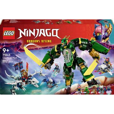 Lego-Set 'Ninjago Lloyd's Jet Mech' mit 1112 Teilen für Kinder ab 9 Jahren. Zeigt großen grünen Roboter und Drachen auf bunter Verpackung.