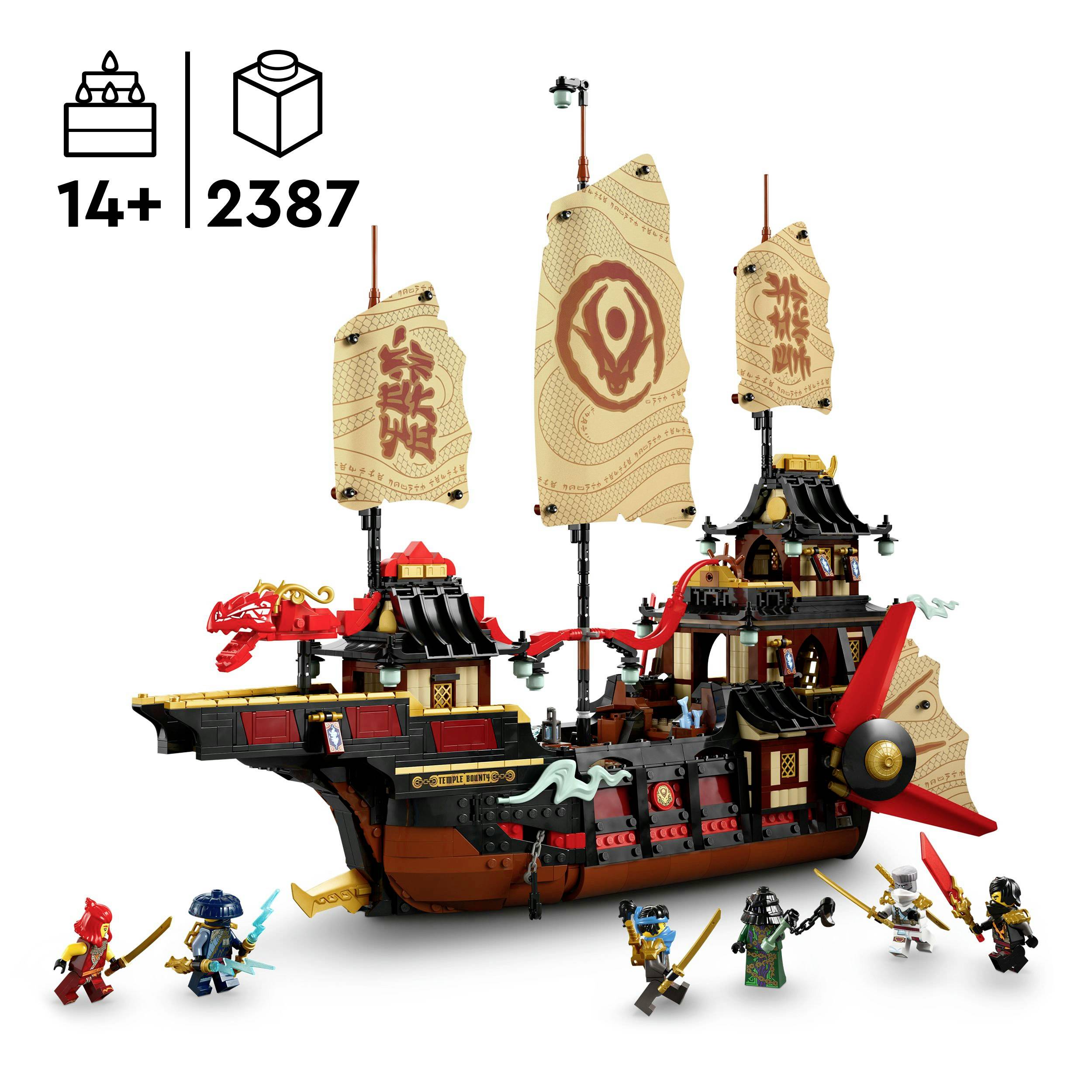 LEGO-Set eines traditionellen Schiffes mit detaillierten Segeln und Figuren. Altersempfehlung ab 14 Jahren. Enthält 2387 Teile.