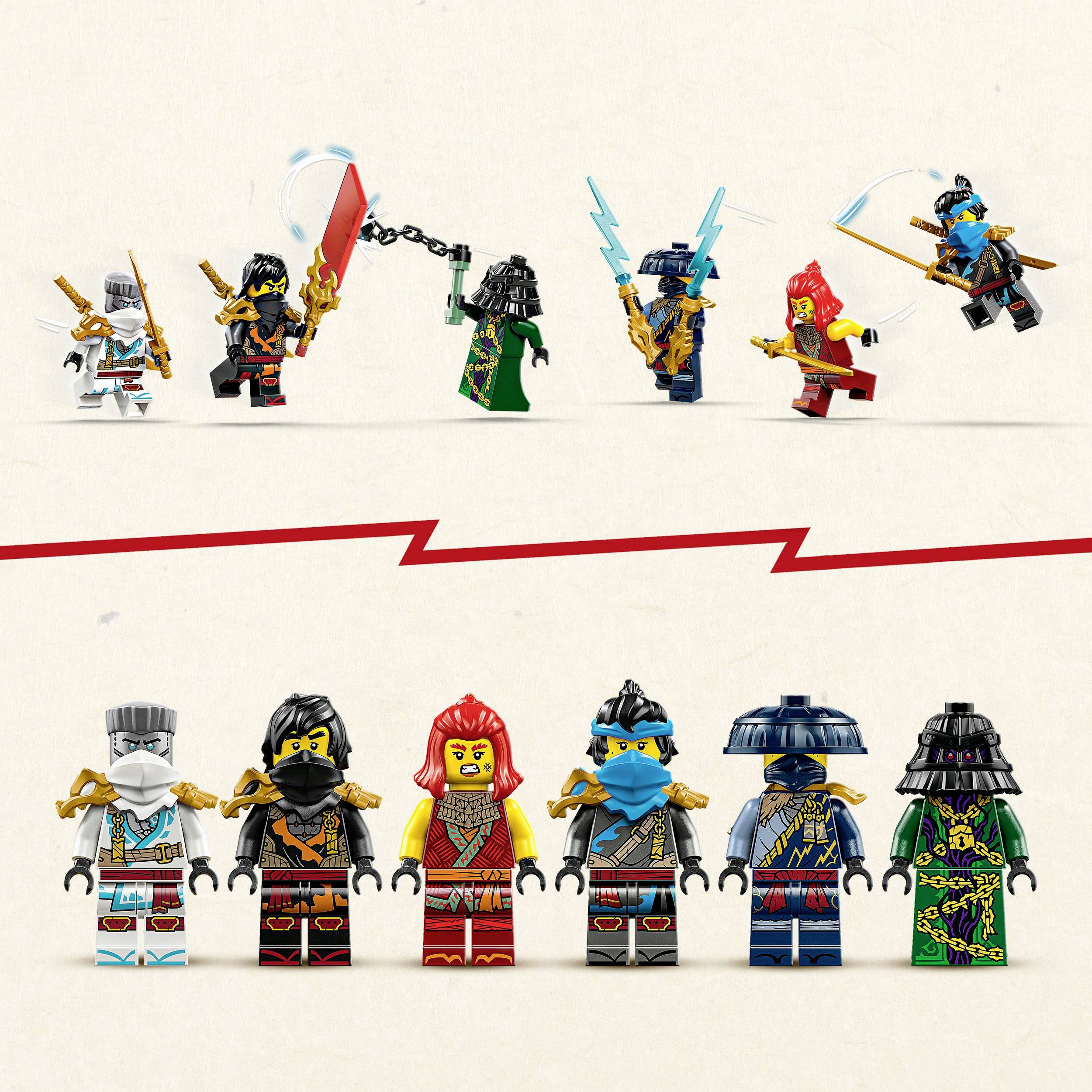 Sechs Lego-Minifiguren in farbenfrohen Kostümen, die Krieger mit Waffen und Energiestrahlen darstellen. Obere Reihe zeigt sie in Aktion.