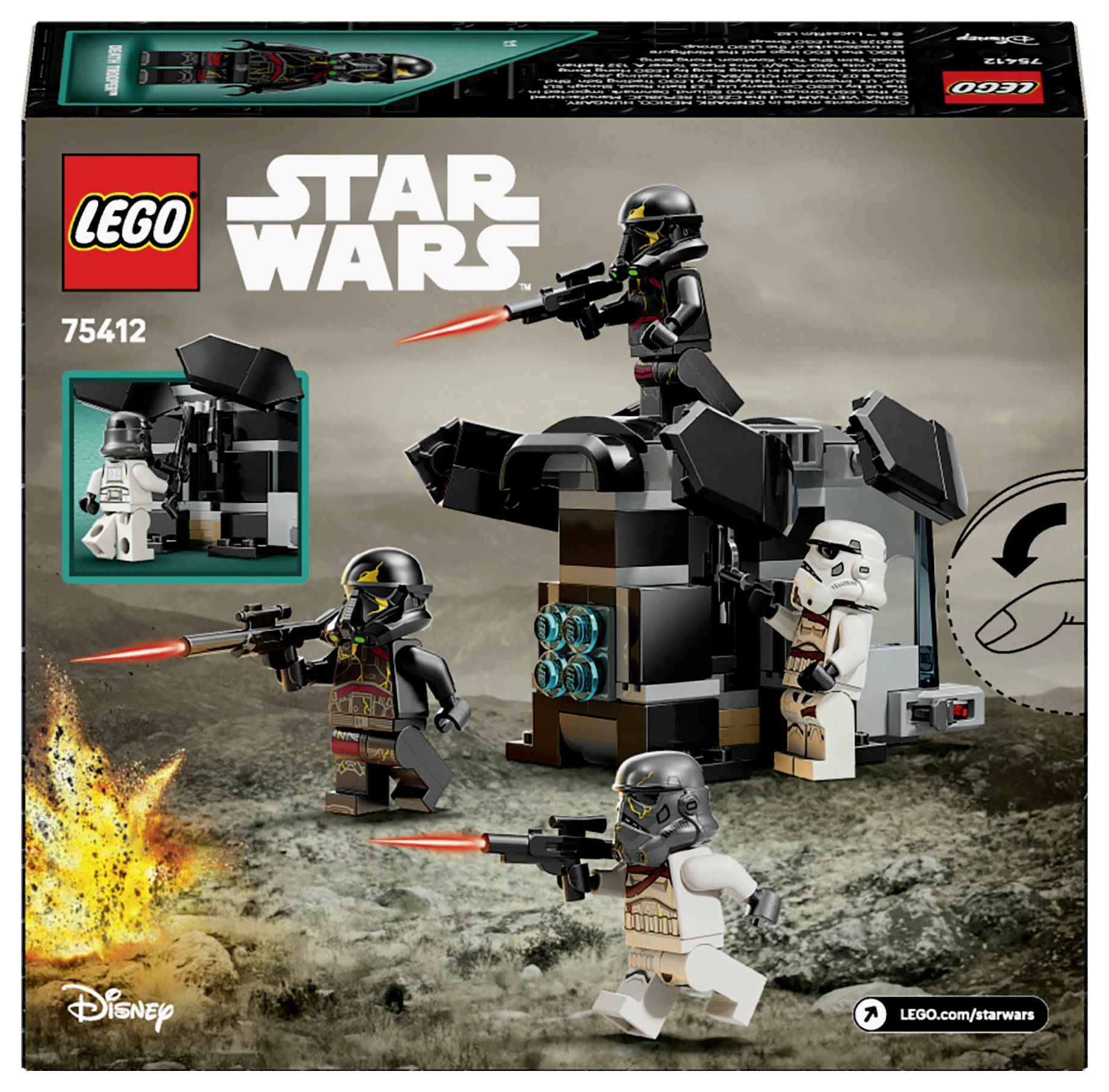 LEGO Star Wars Set 75412: Mehrere Figuren in einem Kampf auf einem grauen, felsigen Untergrund, mit Laserschwertern und Blastergewehren.