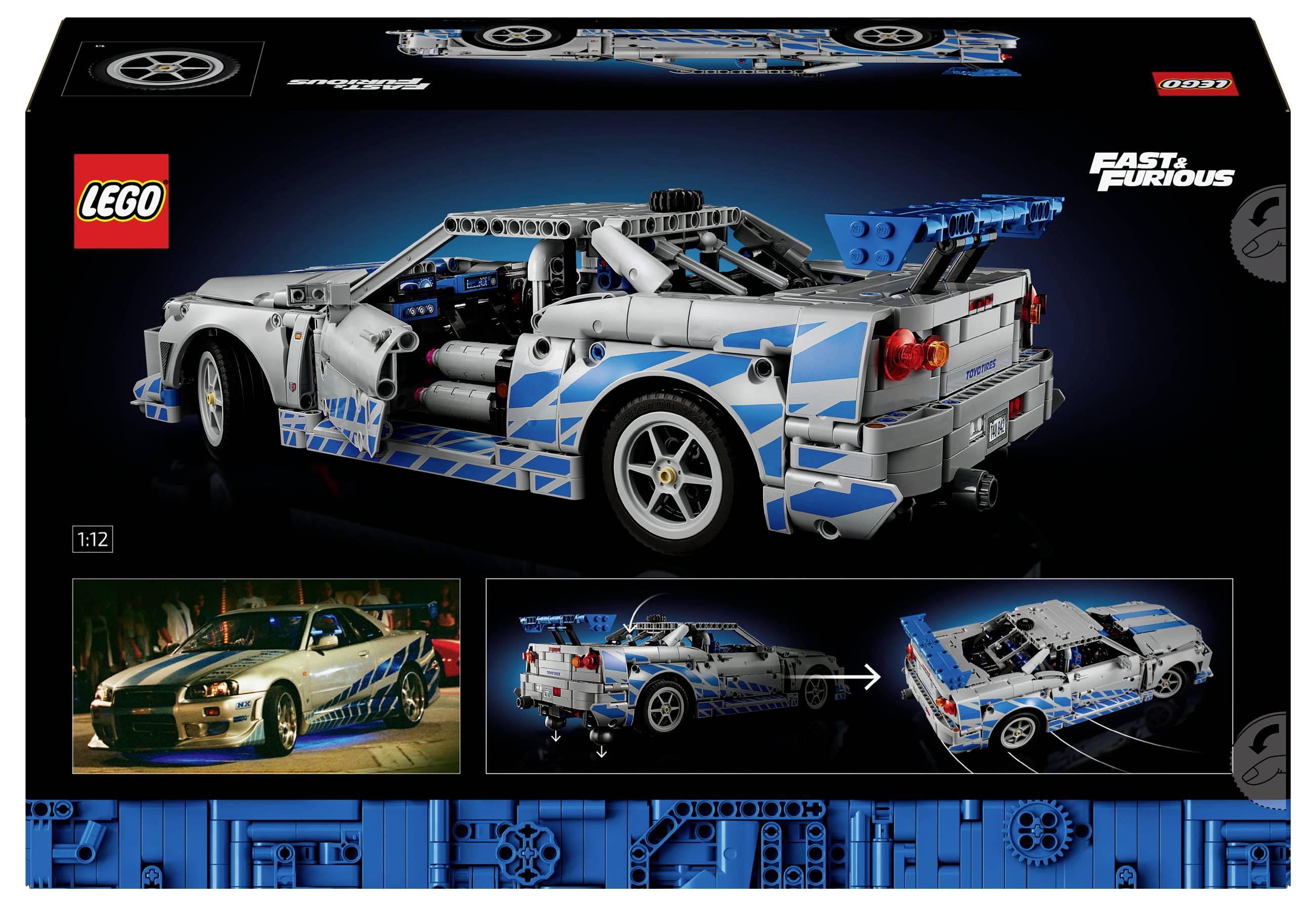 LEGO-Set zeigt ein Auto aus 'Fast & Furious' in Blau und Silber. Enthält Bauanleitungen und Details zu Turbomotor und Design.