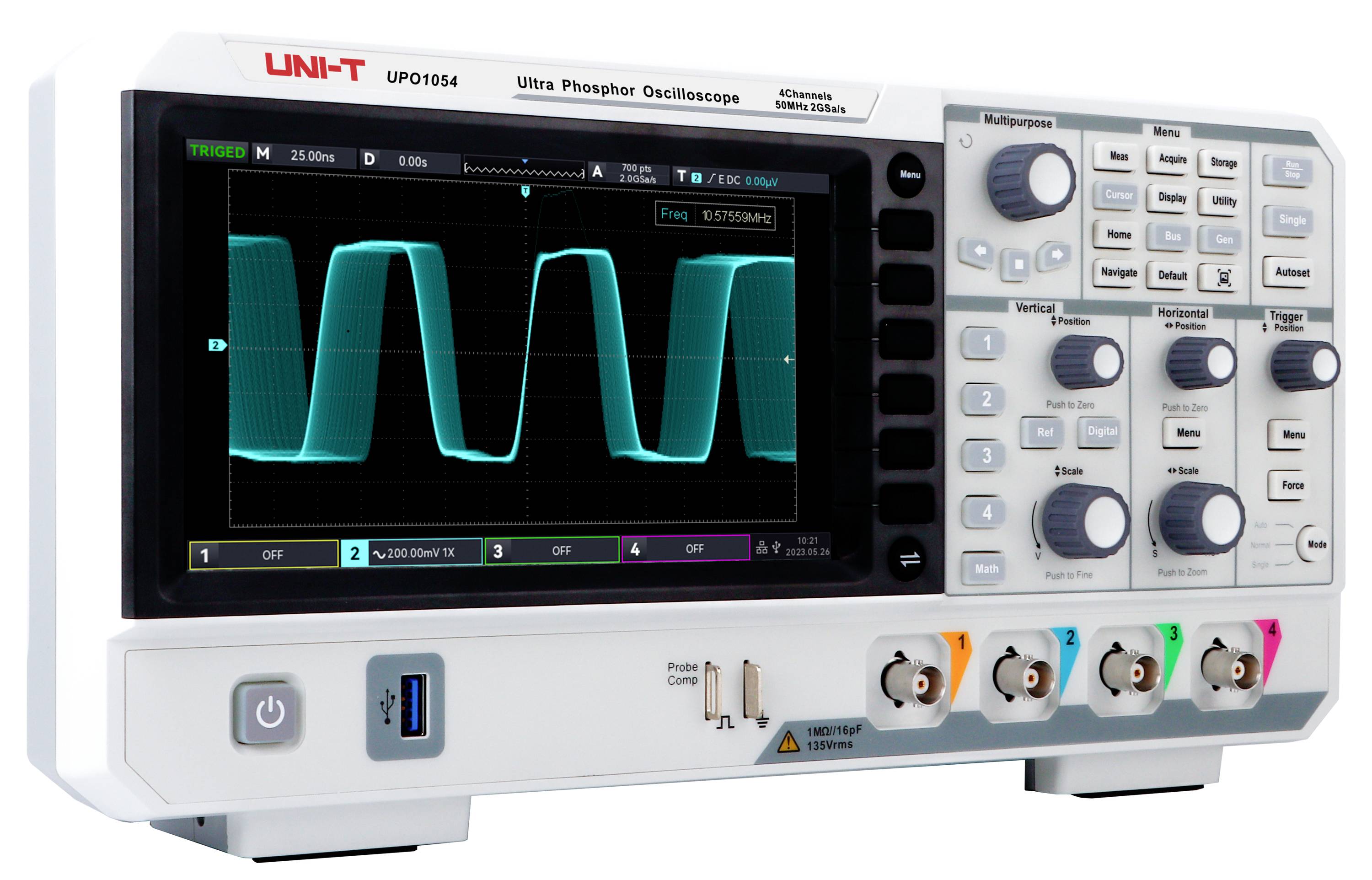Ein digitales Oszilloskop mit einem Display, das eine Wellenform zeigt. Bedienelemente und Anschlüsse befinden sich rechts vom Display.