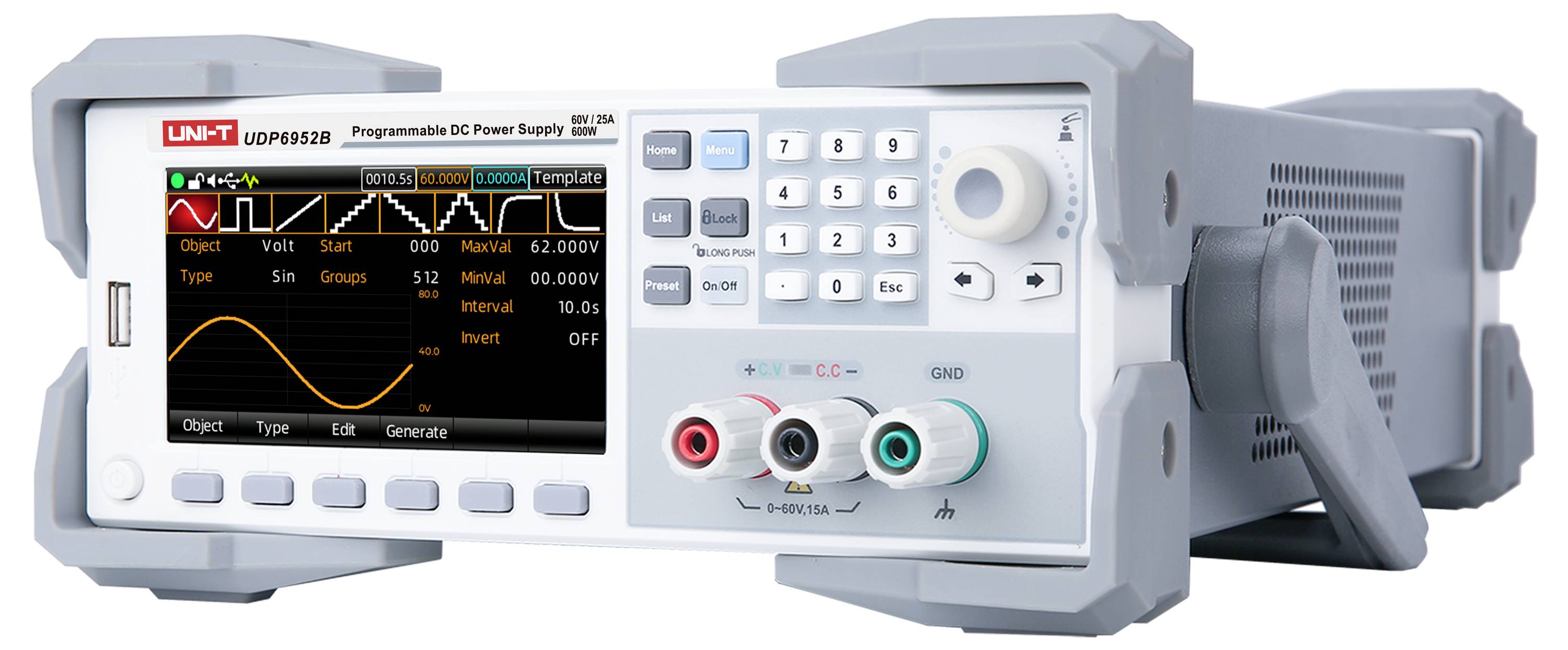 Ein programmierbares DC-Netzteil mit Display. Zeigt eine Wellenform-Ansicht und Tasten zur Steuerung.