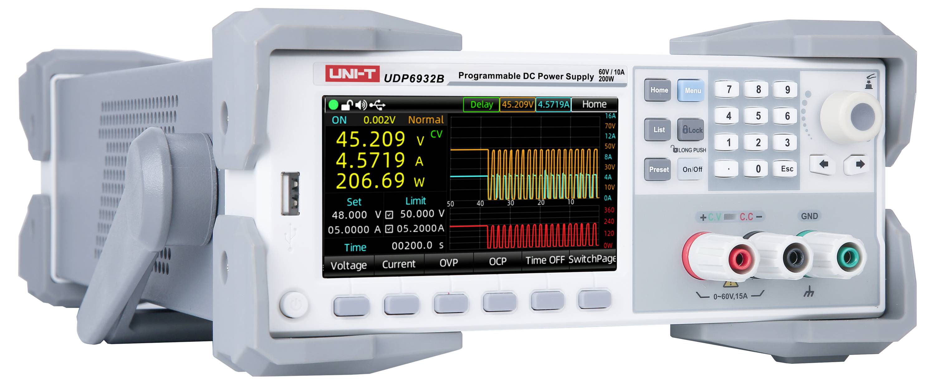 Programmierbares DC-Netzgerät mit digitalem Display zeigt Spannung 45,209 V, Strom 4,5719 A, Leistung 206,69 W. Zahlreiche Bedienelemente.
