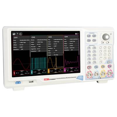 'Funktionsgenerator mit Display-Anzeige. Zeigt drei Kanäle mit Einstellungen für Frequenz, Amplitude und Wellenform. Bedienelemente rechts.'