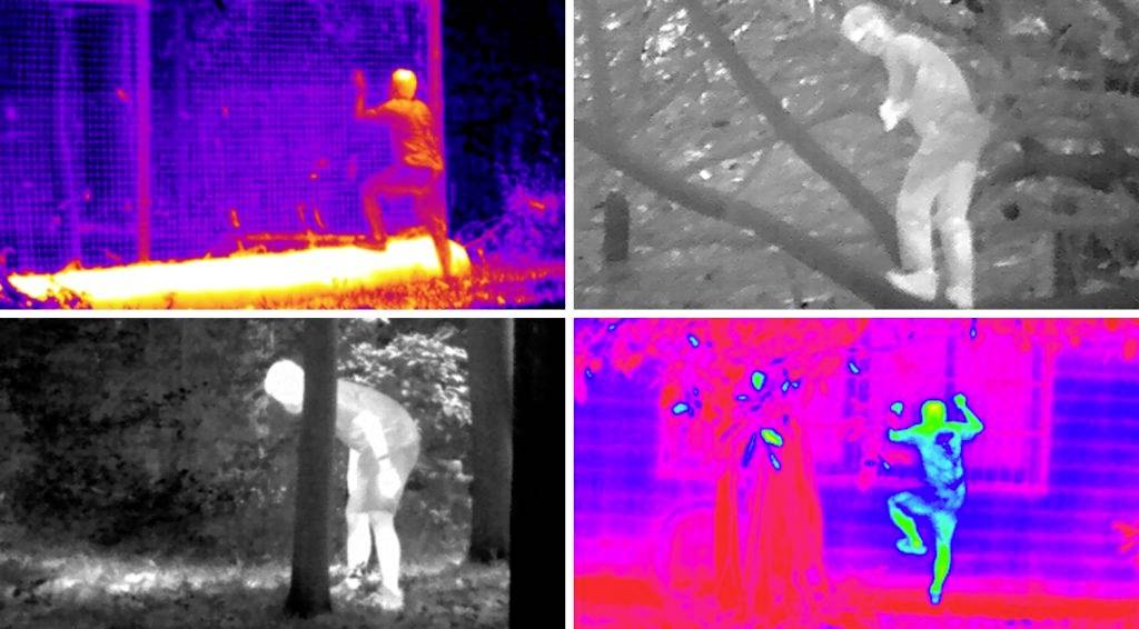 Vier Bilder zeigen Personen in verschiedenen Szenarien bei Nacht in einer Wärmebildaufnahme. Menschen sind durchgehend aktiv und sichtbar.