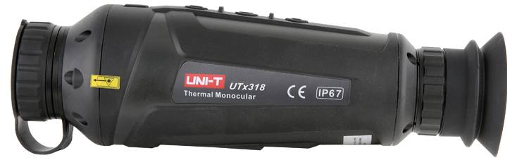 Tragbares Wärmebildmonokular mit Modellnummer 'UTX318', geeignet für Umgebungen der Schutzart IP67. Gehäuse in schwarzer Farbe.