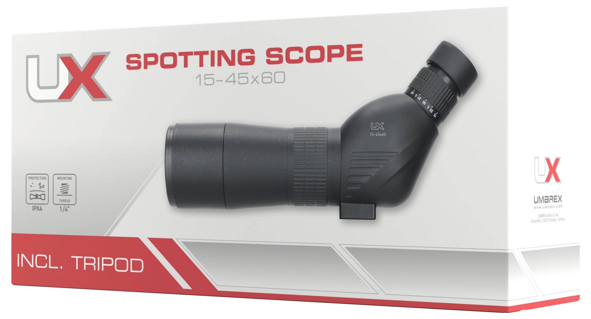 'UX Spotting Scope 15-45x60' Fernglas-Verpackung mit Stativ, schwarzes Modellbild, Umarex-Logo.