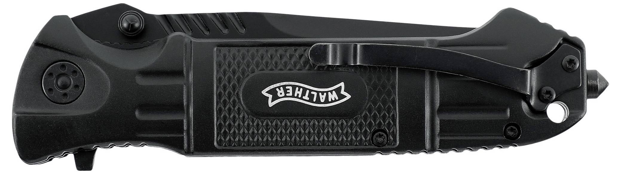 Ein schwarzes Klappmesser mit 'Walther'-Logo auf der Seite. Es hat einen Gürtelclip und eine strukturierte Oberfläche.