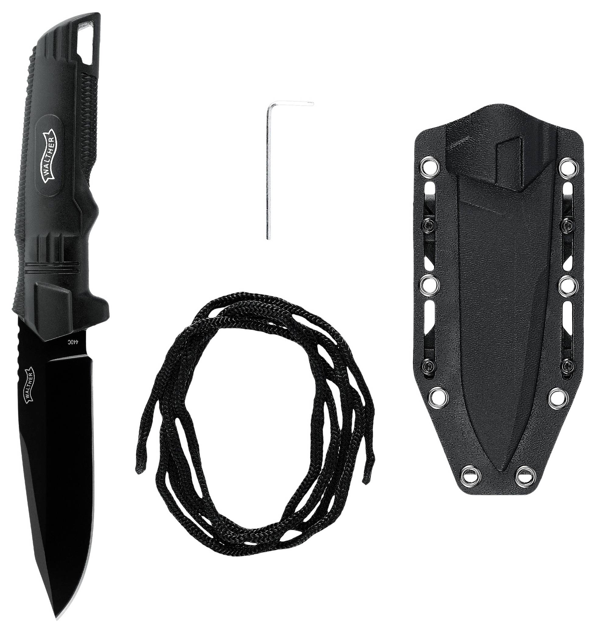 Schwarzes Messer mit Scheide, gewickelter Schnur und kleinem Inbusschlüssel. Outdoor-Werkzeugset für Abenteurer.