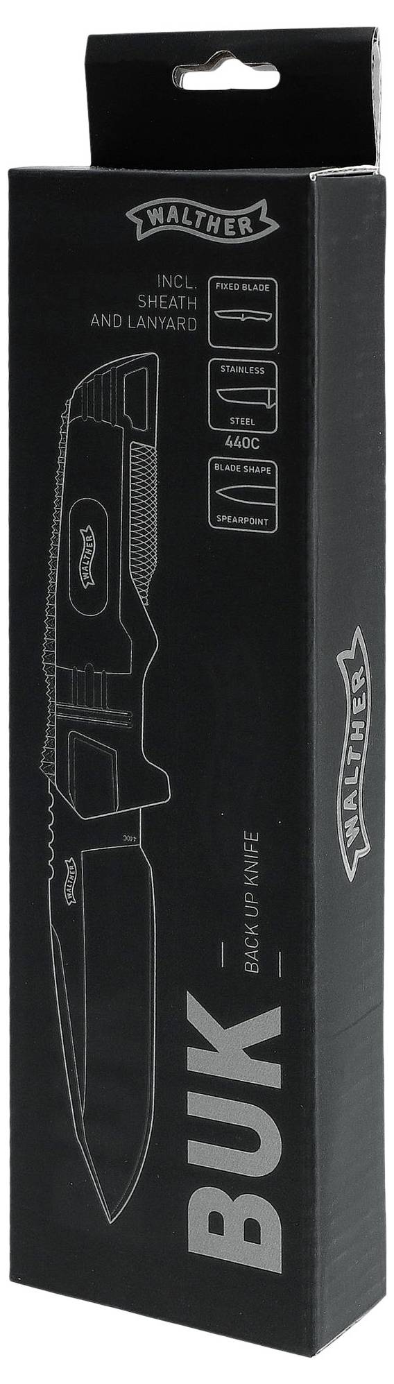 Schwarze Verpackung eines Walther Taschenmessers BUK. Aufdrucke zeigen das Messer, Logos und Bezeichnung. Enthält Scheide und Lanyard.
