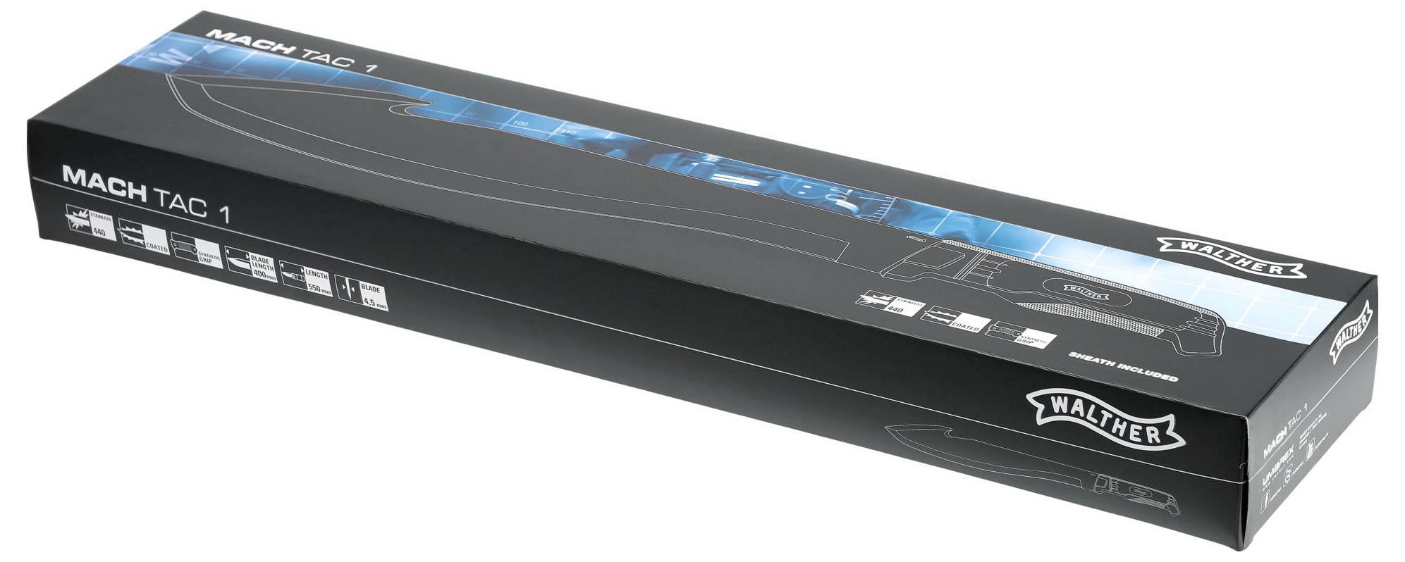Verpackung einer Walther MACH TAC 1 Machete, mit Abbildung der Machete und Text 'MACH TAC 1', Markenlogo und Produktinformationen.
