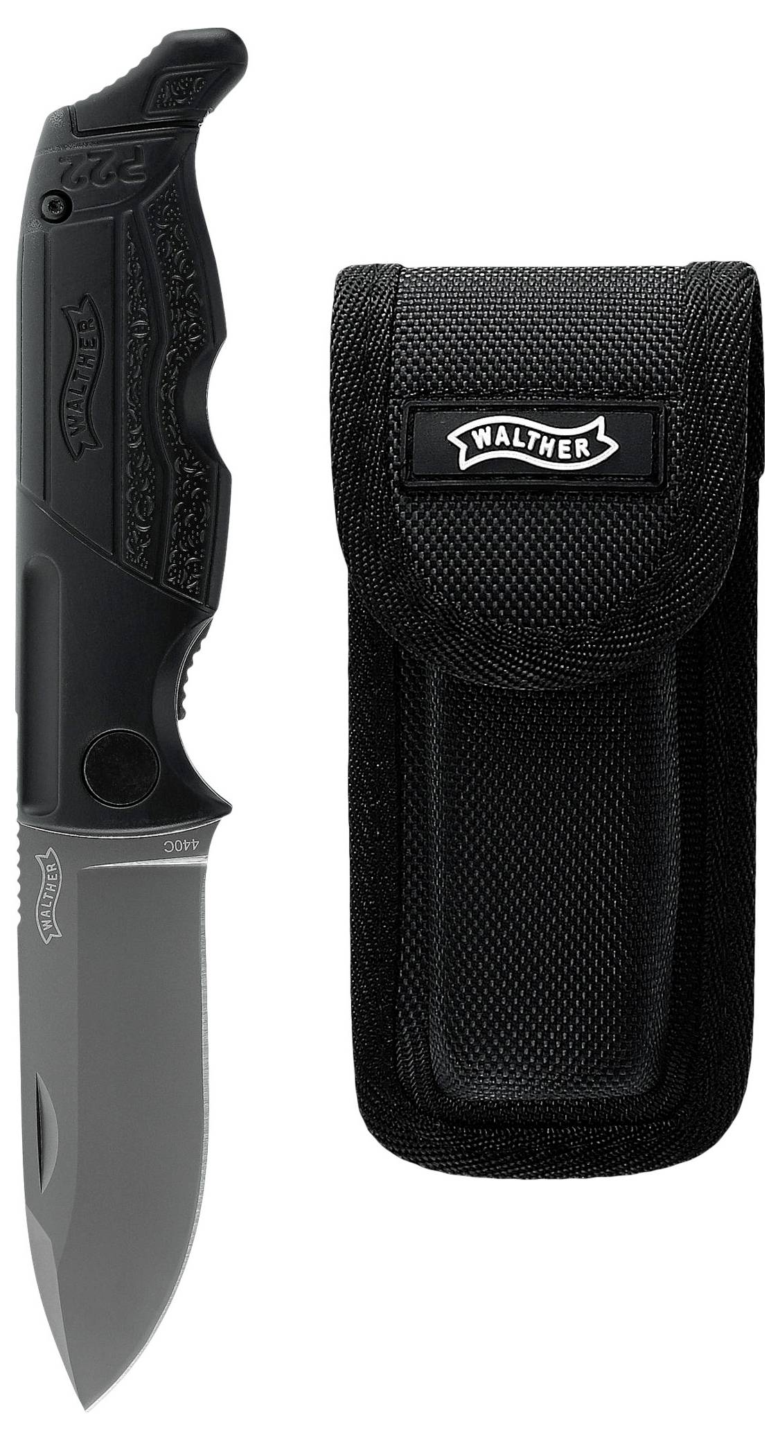 Ein schwarzes Klappmesser mit teils gezahnter Klinge und ein passendes schwarzes Etui, beide mit der Aufschrift 'Walther'.