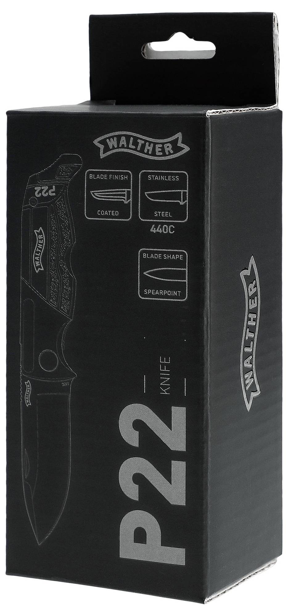 Verpackung eines Walther P22 Messers mit Bild und Spezifikationen des Messers. Enthält Details zur Klinge und Beschichtung.