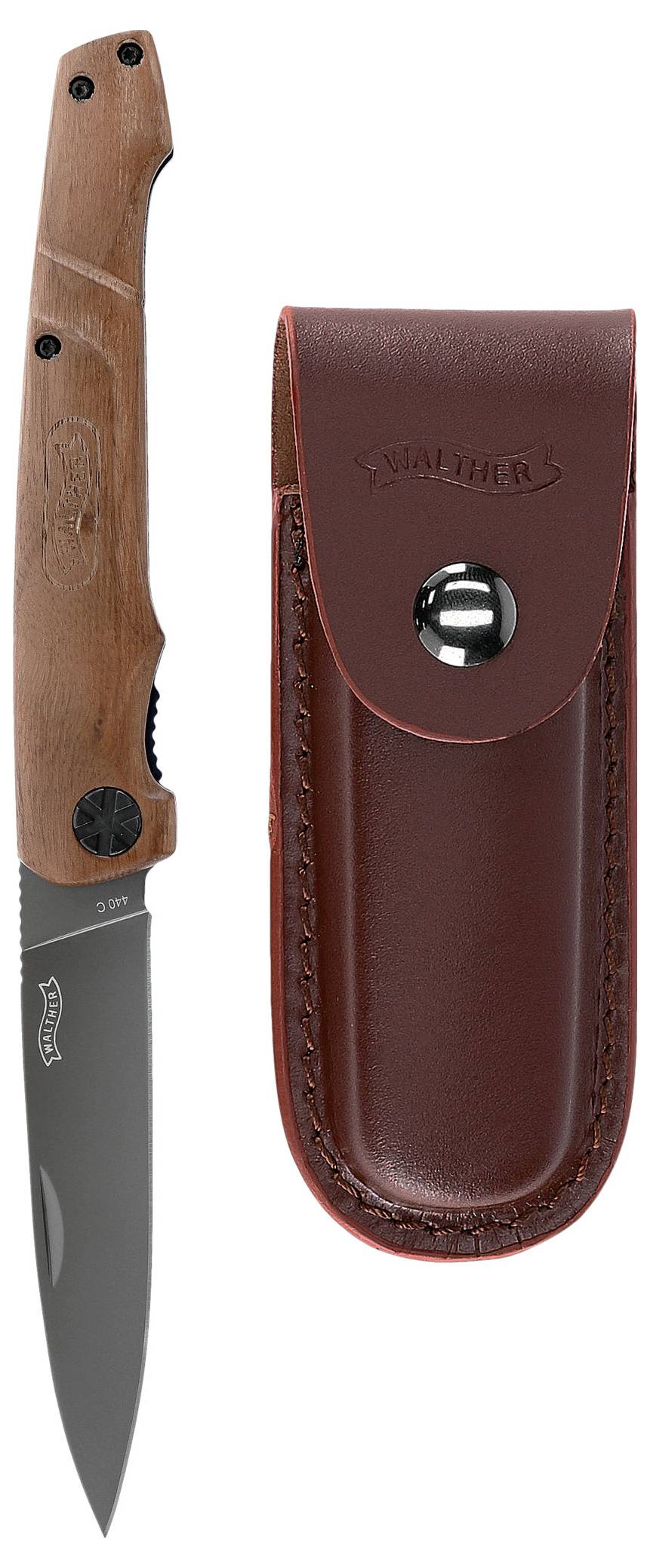 Klappmesser mit Holzgriff und geschlossener Lederscheide, markiert mit 'Walther'.