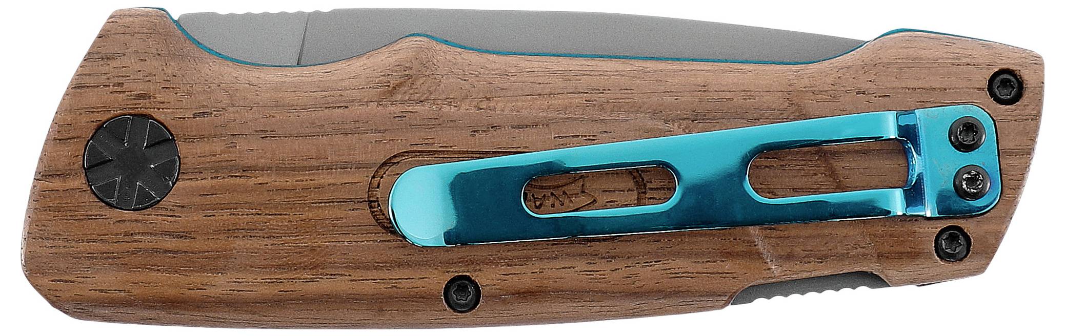 Klappmesser mit Holzgriff und blauer Metallspange, geschlossen.
