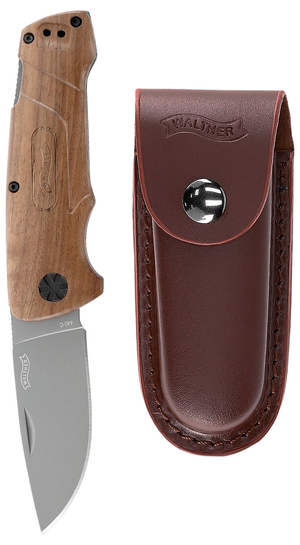 Zusammenklappbares Jagdmesser mit Holzgriff neben einer braunen Lederscheide.