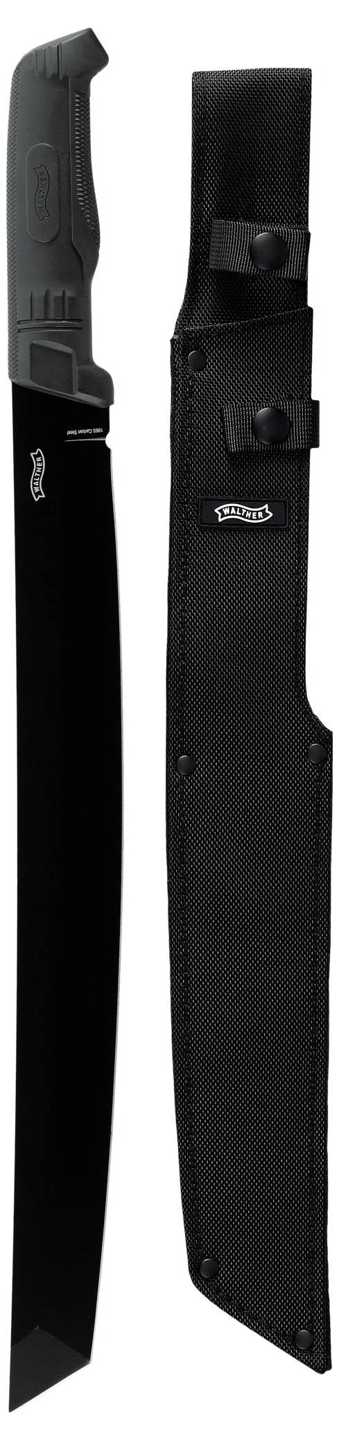 Schwarze Machete mit Textil-Scheide, praktische Outdoor- oder Gartenausrüstung, geeignet für das Durchtrennen von dichter Vegetation.