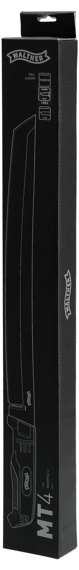 Schwarze Verpackung mit weißem Aufdruck eines Messers und dem Text 'Walther' und 'MTK 4'.