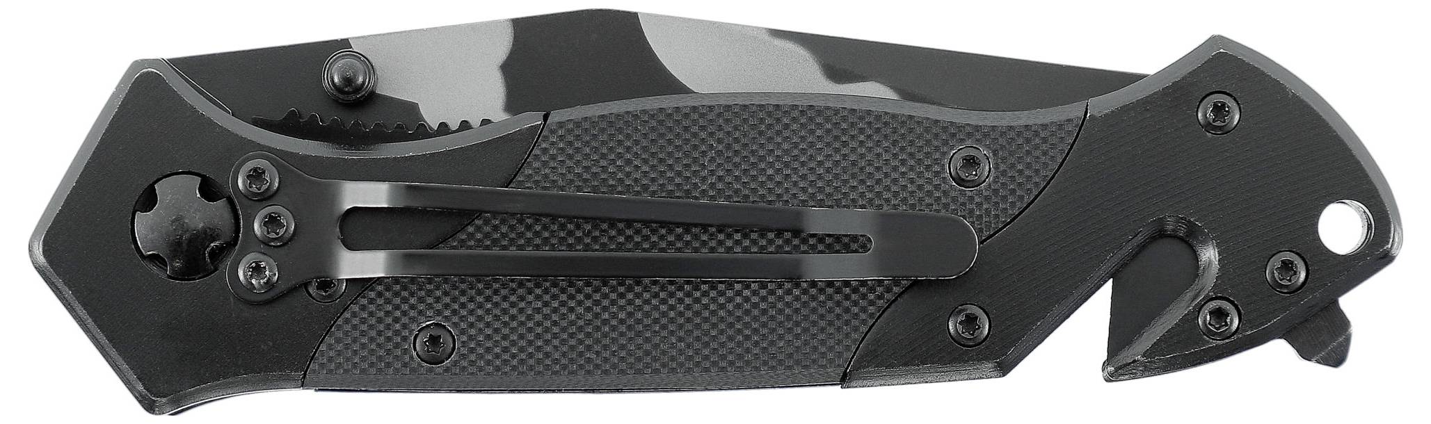 Zusammengeklapptes schwarzes Taschenmesser mit Gürtelclip und Gurtschneider.