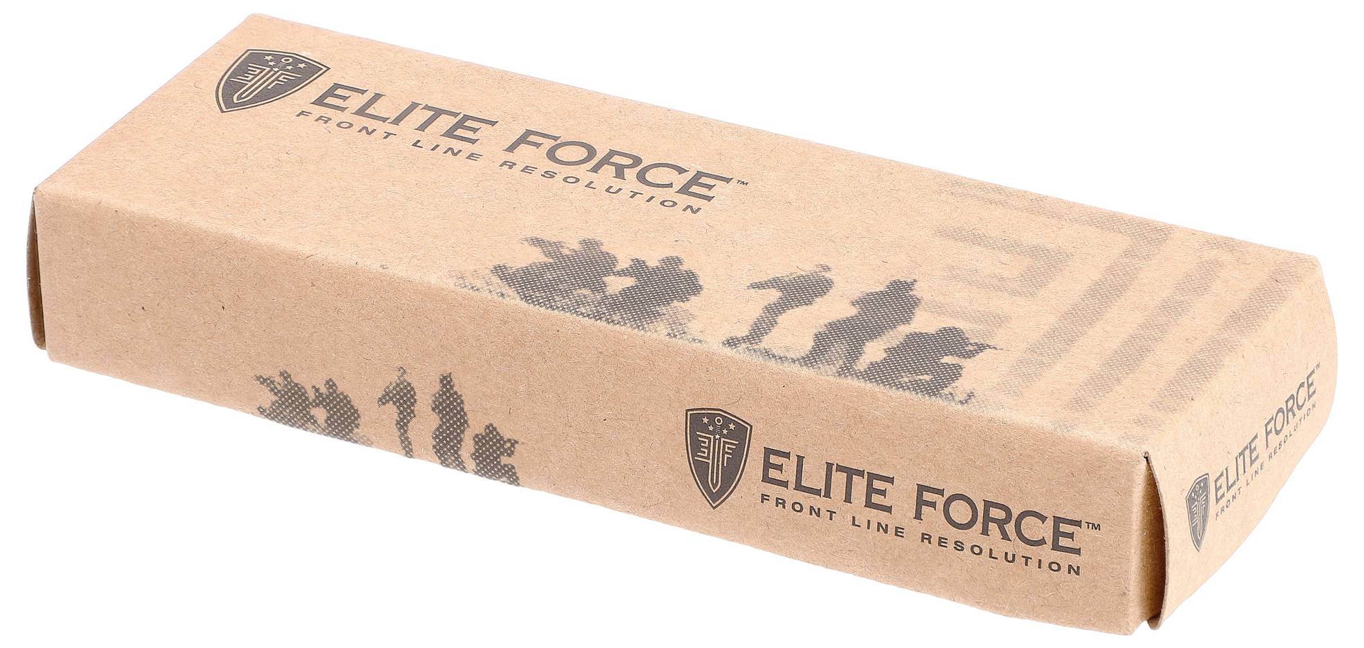 'Elite Force' Kartonverpackung mit schwarzen Silhouetten von Soldaten und Schildlogo. Verpackung für ein Produkt namens 'Front Line Resolution'.