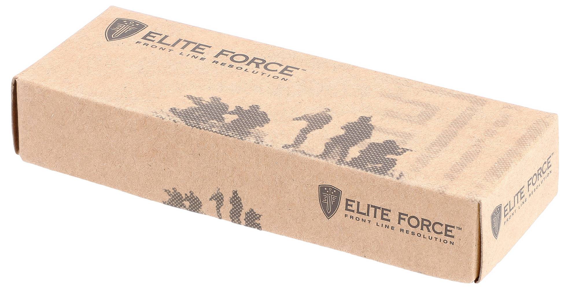 Ein brauner Karton mit dem Aufdruck 'Elite Force Front Line Resolution'.