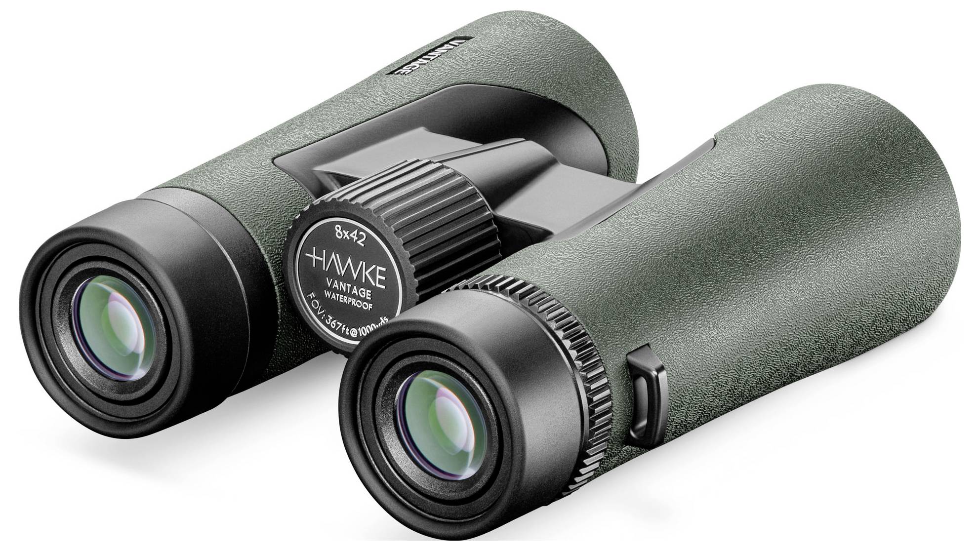 Fernglas mit grünem Gehäuse, gekennzeichnet mit 'Hawke Vantage 8x42 Waterproof'.