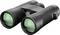 Fernglas mit schwarzem Gehäuse und grünen Linsen, seitlich liegend. Geeignet für Outdoor-Aktivitäten und Naturbeobachtungen.