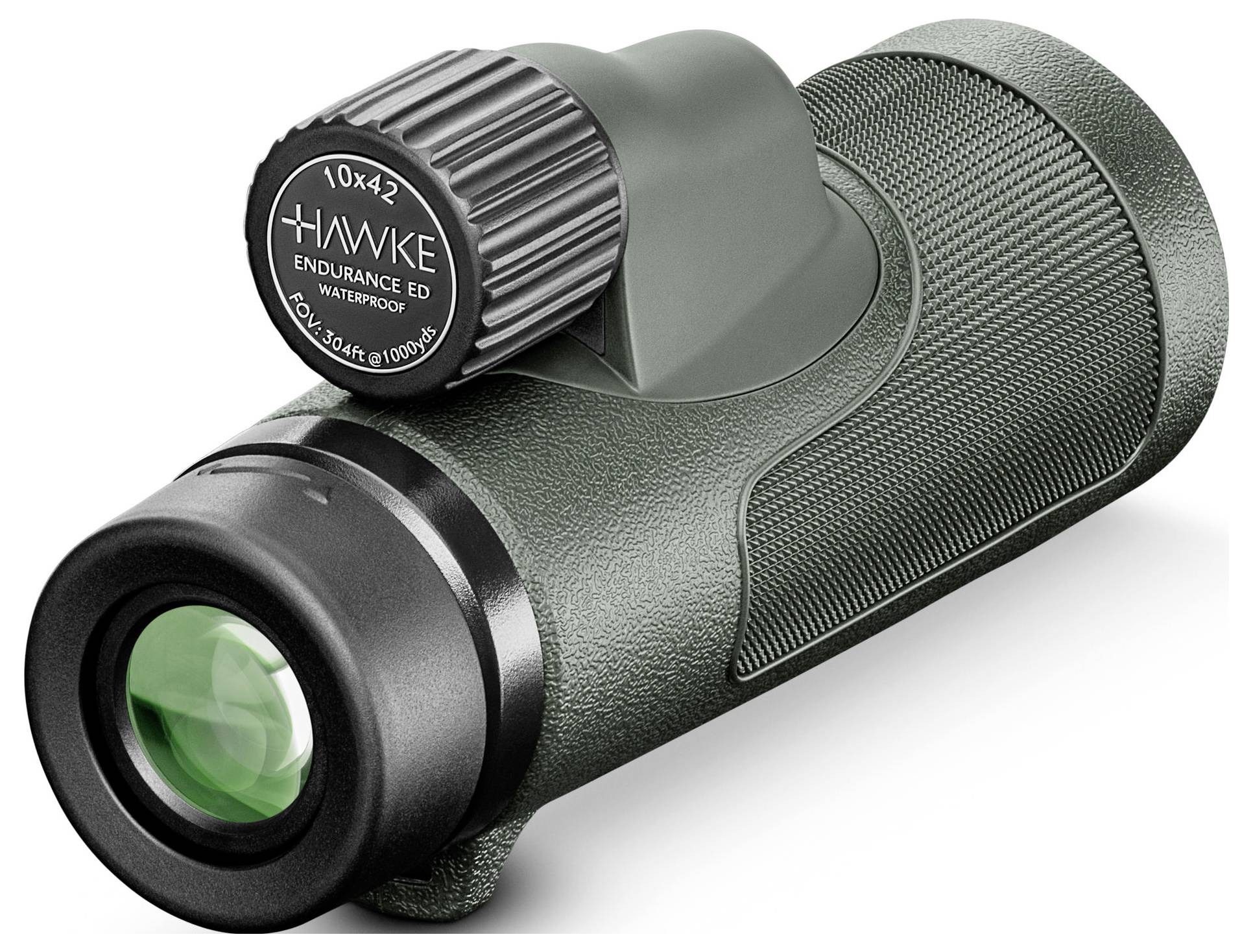 Grünes Monokular mit schwarzem Griff, beschriftet mit 'Hawke Endurance ED 10x42', wasserfest.