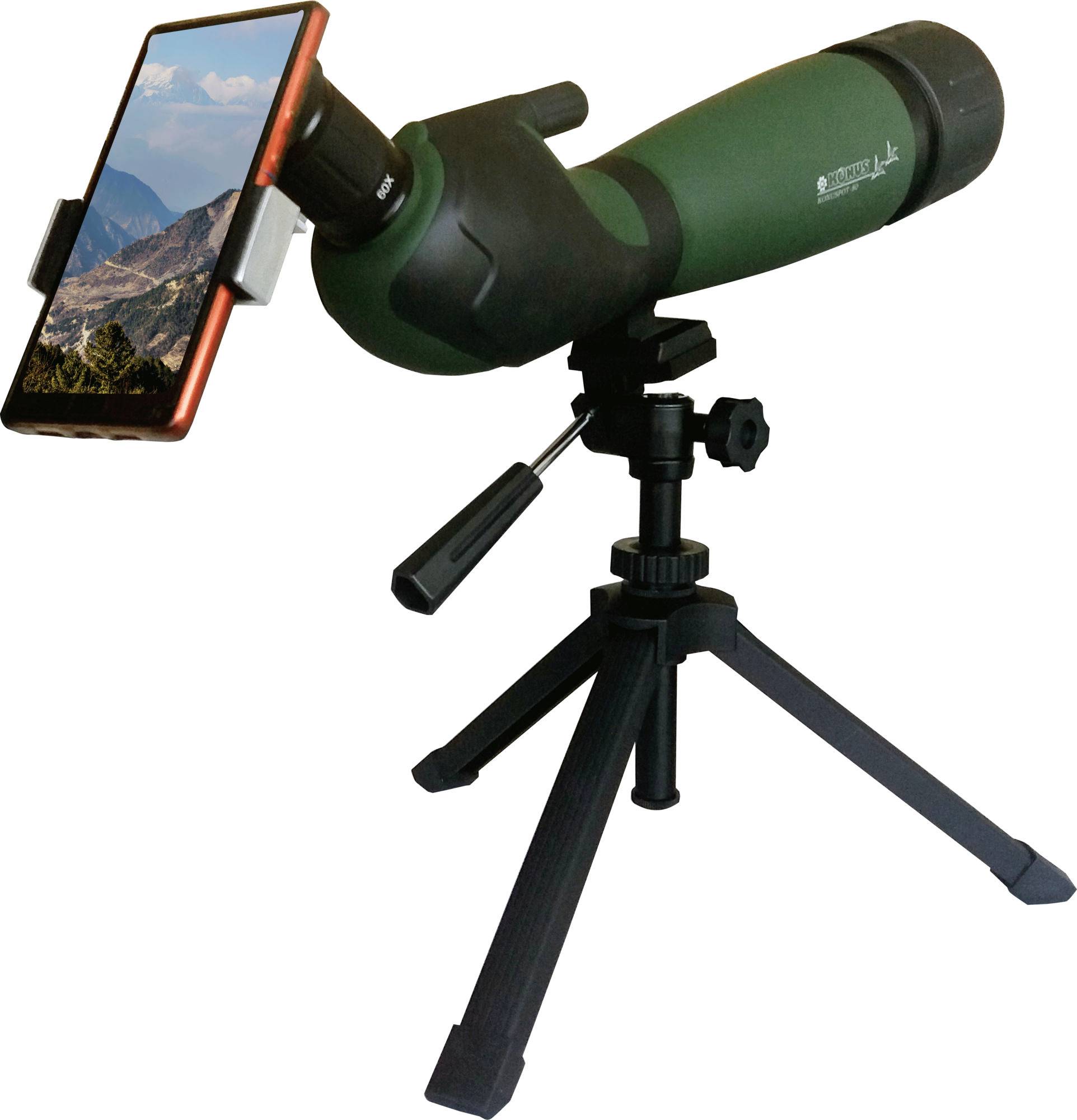 Ein Teleskop mit einem Smartphone-Halter auf einem Stativ. Das Smartphone zeigt ein Landschaftsbild. Ideal für Naturbeobachtung.