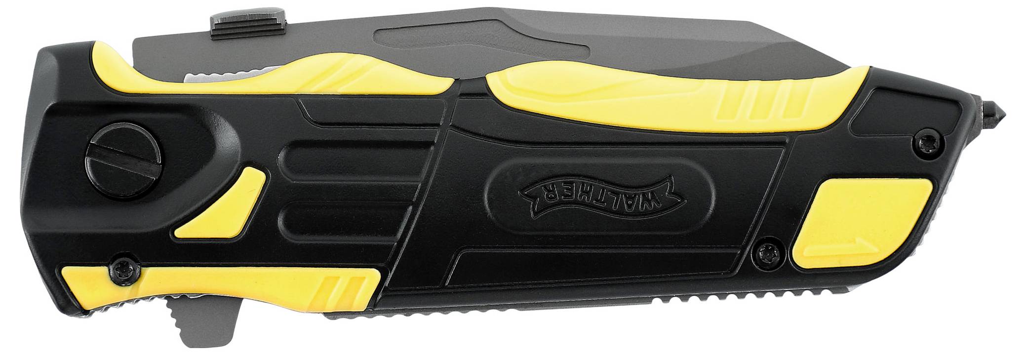 Faltbares Mehrzweck-Taschenmesser in Schwarz und Gelb mit rutschfestem Griff und integriertem Gurtschneider.