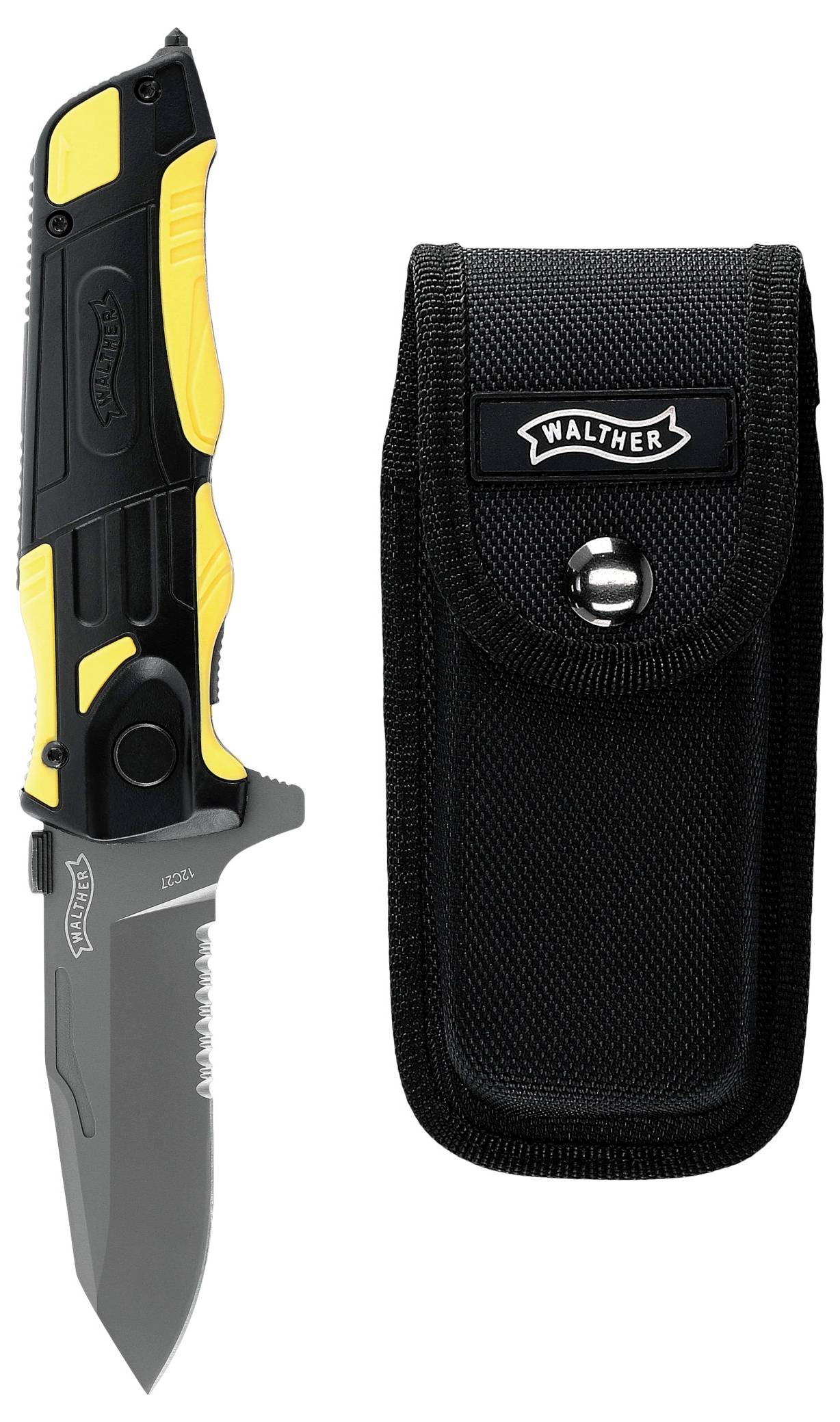 Klappmesser mit gelbem und schwarzem Griff neben schwarzer Schutzhülle.