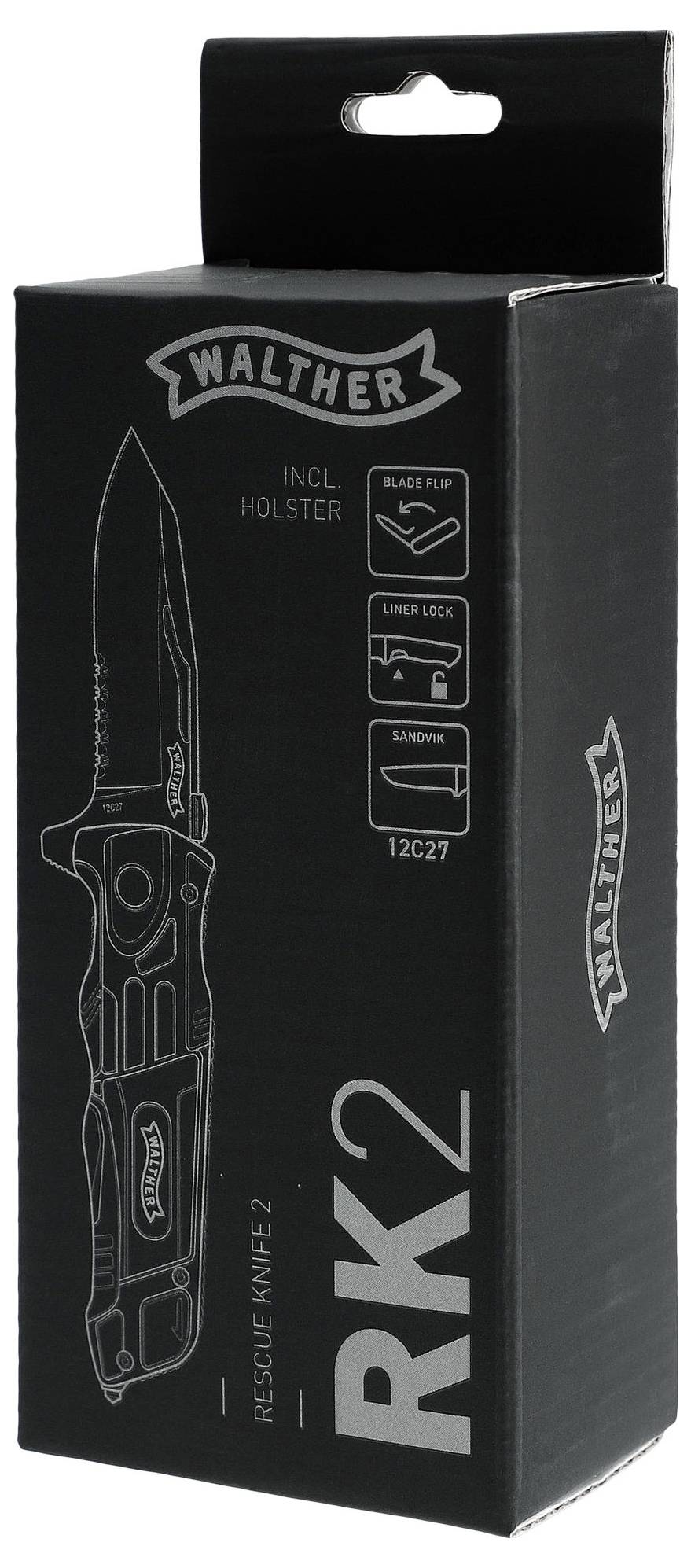 Rettungsmesser mit Klappklinge von Walther, verpackt im Karton. Enthält Holster, Liner Lock und Sandpapier, Modell RK2.