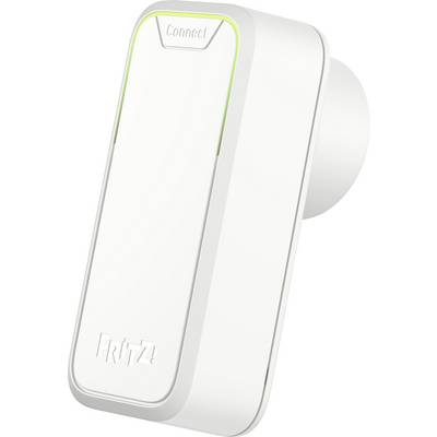 Weißer, rechteckiger WLAN-Repeater mit der Aufschrift 'Fritz!' auf der Vorderseite und einem LED-Anzeigestreifen oben.