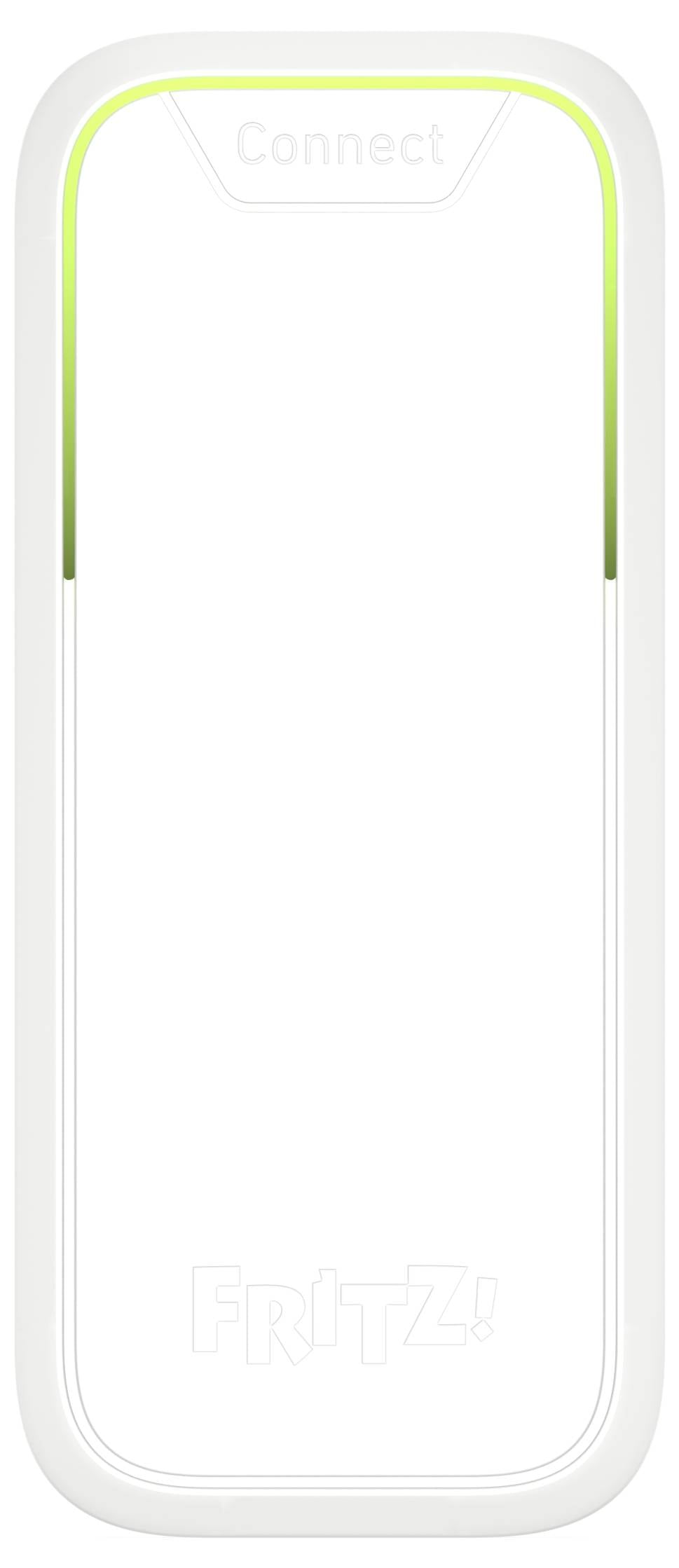 Ein weißer WLAN-Repeater der Marke FRITZ! mit einem grünen Lichtstreifen oben, zeigt Betriebsbereitschaft an.