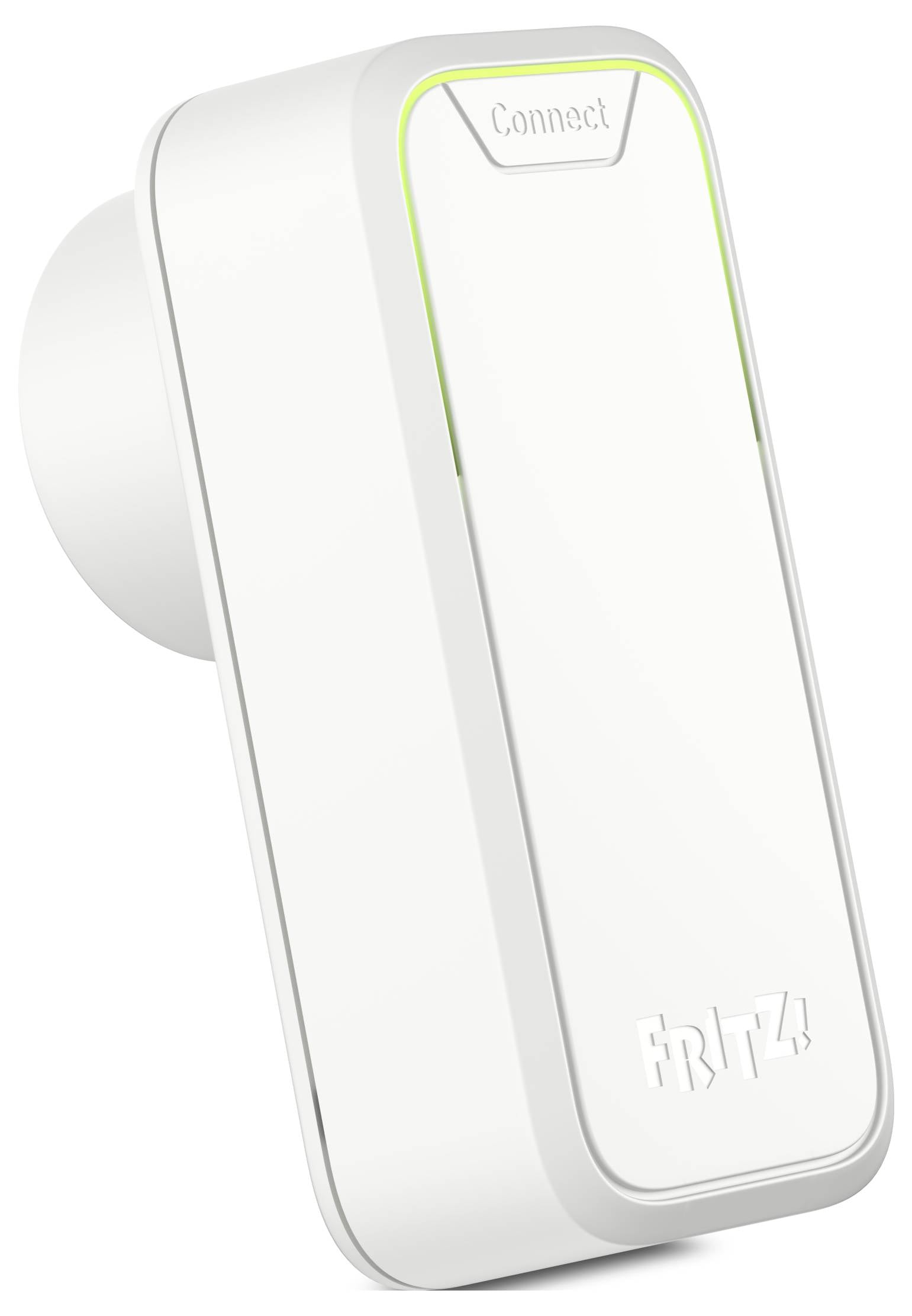 Ein weißer WLAN-Repeater mit der Aufschrift 'Fritz!'. Oben befindet sich die Schaltfläche 'Connect'.