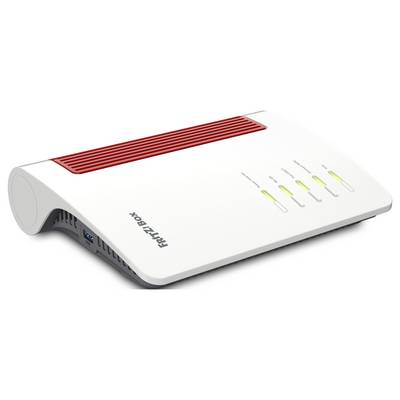 Ein weißer WLAN-Router mit rot abgesetztem Bereich und vier leuchtenden LED-Anzeigen. Aufschrift: 'FRITZ!Box'.