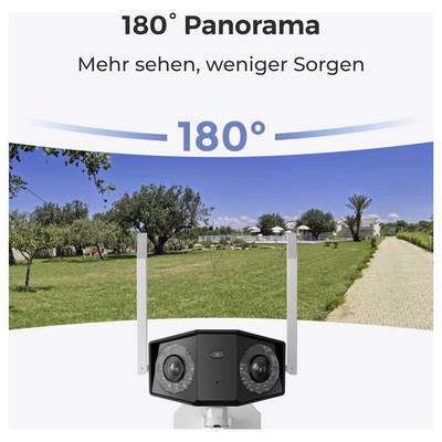 Kamera mit 180°-Panoramaansicht in einer Gartenlandschaft, bietet Rundumsicht. Text: 'Mehr sehen, weniger Sorgen'.