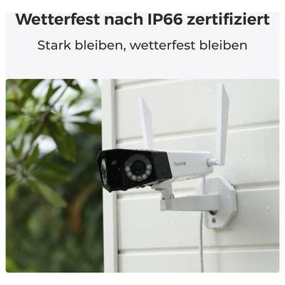 Überwachungskamera an einer Wand montiert; Text 'Wetterfest nach IP66 zertifiziert – Stark bleiben, wetterfest bleiben'.