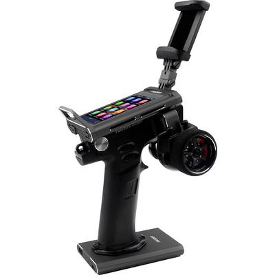Ein schwarzer, ergonomischer Funkfernbedienungscontroller mit Display und mehreren Knöpfen. Enthält eine Halterung für Smartphones.