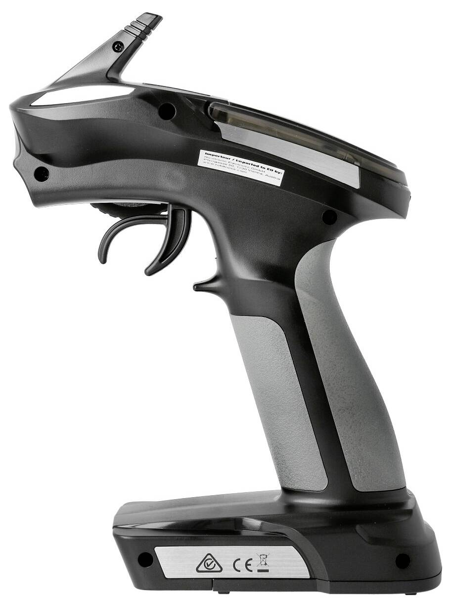 Handscanner in seitlicher Ansicht mit Abzug und ergonomischem Griff, primär in Schwarz und Grau. CE-Zeichen sichtbar.