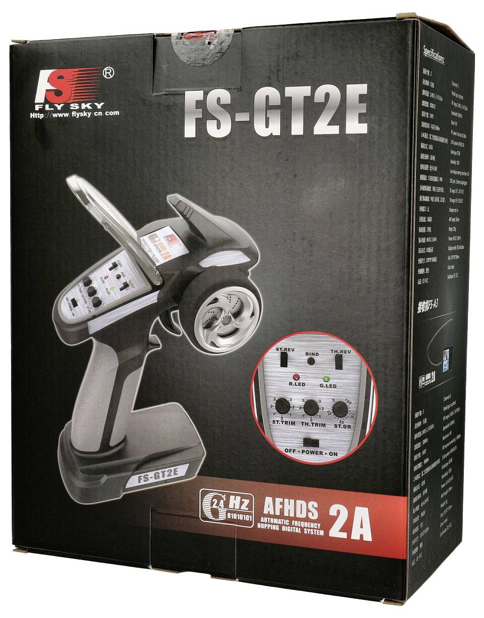 'FS-GT2E' Fernsteuerung in Originalverpackung. Die Vorderseite zeigt ein Bild der Fernbedienung und technische Spezifikationen.