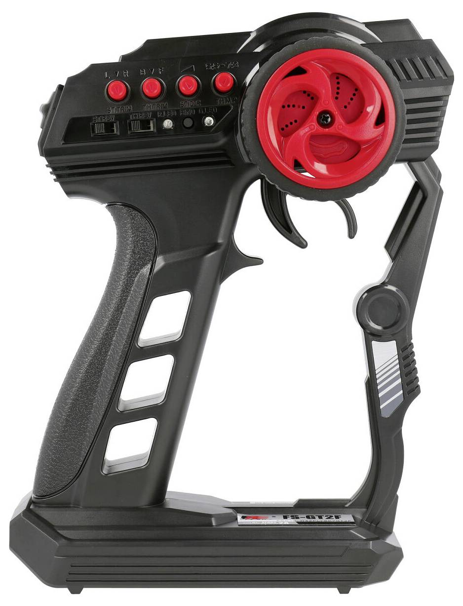 Schwarzer Remote-Controller mit rotem Lenkrad, mehreren Knöpfen und geriffertem Griff, geeignet für ferngesteuerte Fahrzeuge.