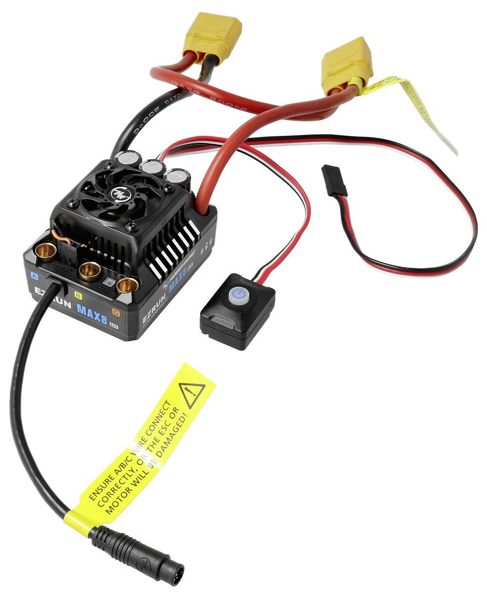 Ein elektronischer Geschwindigkeitsregler mit mehreren Kabeln und Steckverbindungen, geeignet für ferngesteuerte Modellfahrzeuge.