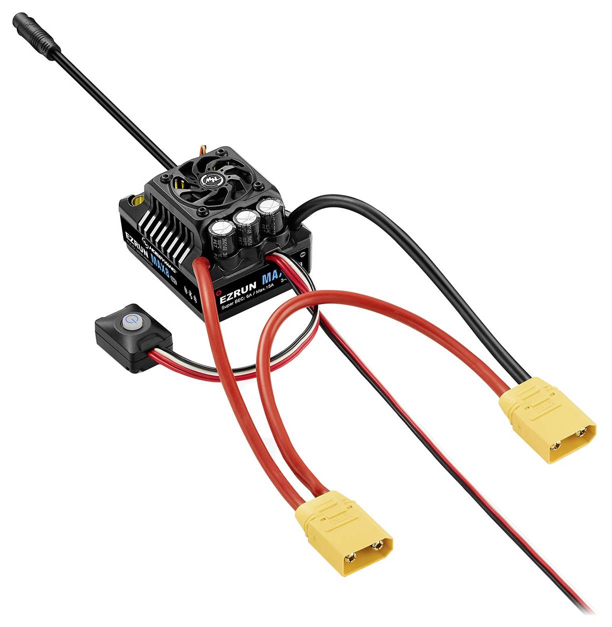 Ein elektronischer Regler für ferngesteuerte Fahrzeuge mit mehreren Kabelausgängen und einem Lüfter an der Oberseite.