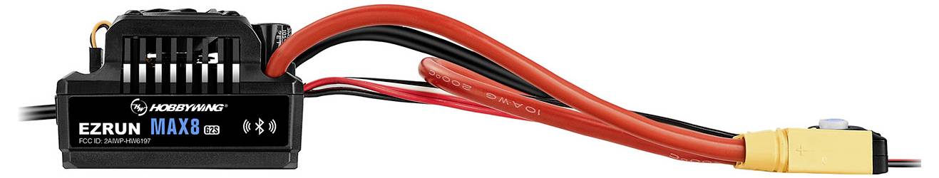 Elektronischer Fahrtenregler 'EZRUN MAX8 G2' von Hobbywing mit orange-roten Kabeln und gelbem Steckverbinder für RC-Modelle.